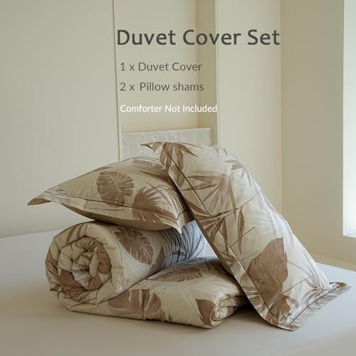 Queen Duvet Cover Set, 100% Cotton Beige Botanical Leaf Printed