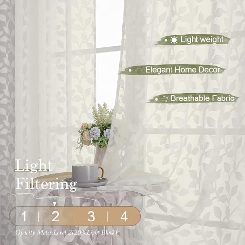 Chyhomenyc Ivory Sheer Curtains 96 Inch Length 2 Panels Set, Light
