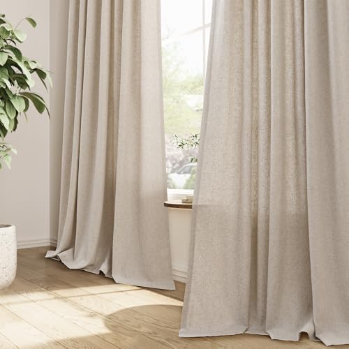 Oatmeal Beige Pinch Pleated Linen Curtains 108 Inch Length 2 Panels