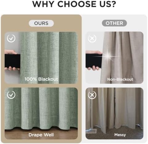 Joydeco Sage Green Pinch Pleated Linen Curtains 72 Inch Long, 100%