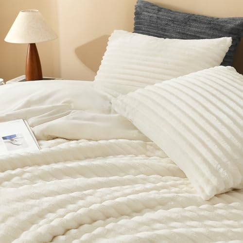 Andency Fluffy King Size Comforter Set, Cream Fleece Faux Fur Bedding