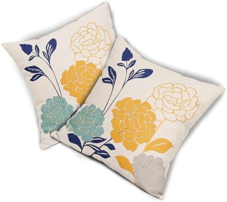 Flowers Outdoor Pillow Covers 22x22 Set of 2, Teal Grey Mustard Yellow