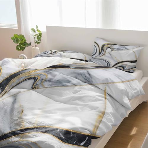 Duvet Cover Set Queen, Abstract Gray Marble Texture 3 Piece Bedding