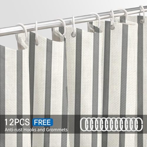 Grey Beige Striped Linen Cotton Waterproof Shower Curtain 60" W x 72"