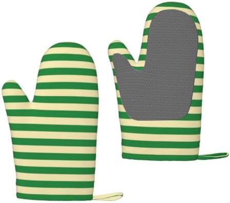 Dark Green and Beige Stripes Oven Mitts 2 Pack Kitchen Heat Resistant