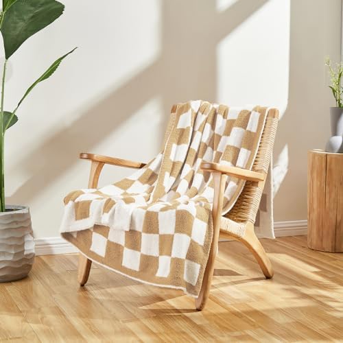 CozeCube Beige White Reversible Checkered Knit Throw Blanket 50"x60"