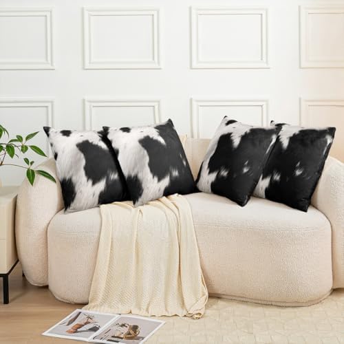 (Not Real) Cowhide Pillow Covers 22x22 Pack Of 2,Black White Grey Cow
