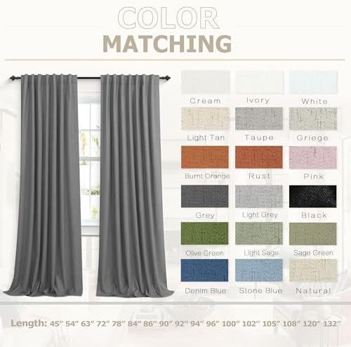 KOUFALL Charocal Dark Grey Linen Blackout Curtains for Bedroom Living