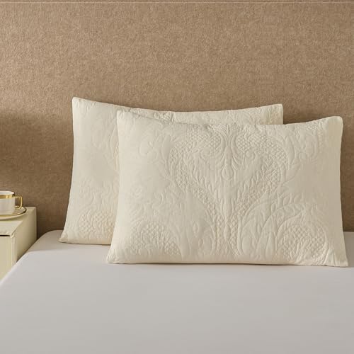 Quilted Pillow Shams Damask Ivory King Set of 2 Embroidered Cotton