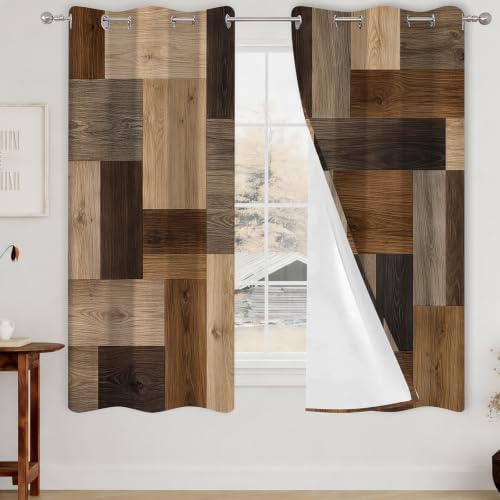 Rustic Brown Wood Patchwork Window Curtains, 2 Panel 52x63 inch
