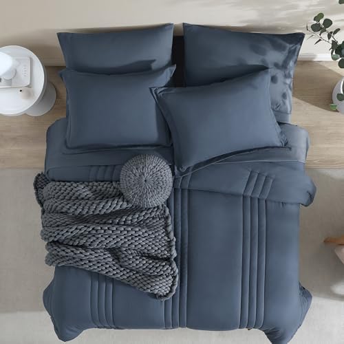 King Size Comforter Set-7 Pieces Blue Grey Bed in a Bag King Bedding