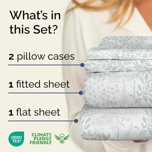 King Floral Sheets Set, 4 Pieces, Boho, Chic Bed Sheets - Gray Ferns
