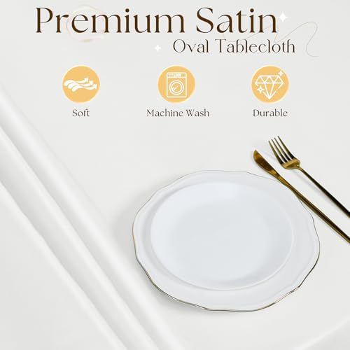 White Satin Oval Tablecloth 60 x 102 Inch for 8-10 Seats