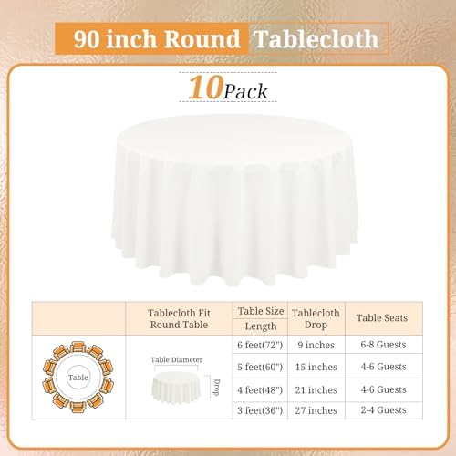 10 Packs 90 Inch Ivory Round Polyester Tablecloths