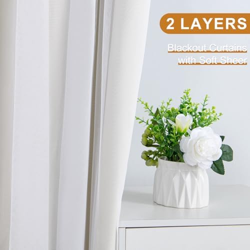 DWCN Ivory Blackout Curtains with Sheer Overlay with Tiebacks 96 Inch