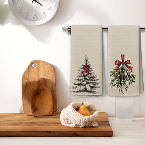 Vintage Beige Christmas Tree Mistletoe Kitchen Towels, 16"x24"