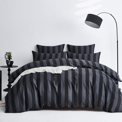 Black Dark Gray Stripe Duvet Cover Set King 100% Cotton Twill Bedding