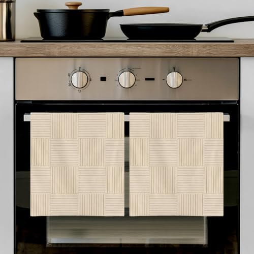 Beige Striped Kitchen Towels Set of 3, Water Absorbent Dish Towel
