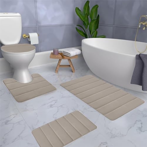 Bathroom Rug Sets 4 Piece, Non Slip Memory Foam Bathroom Rugs, Machine