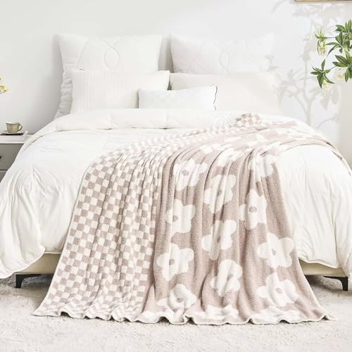 XIBLC Checkered Throw Blanket, Beige Super Soft Knit Breathable Throw