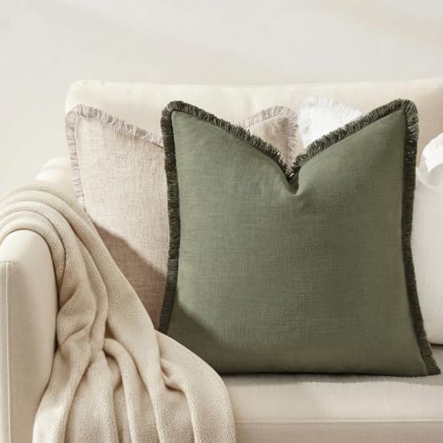 decorUhome Linen Fringe Olive Green Throw Pillow Covers 22x22 Set of 2