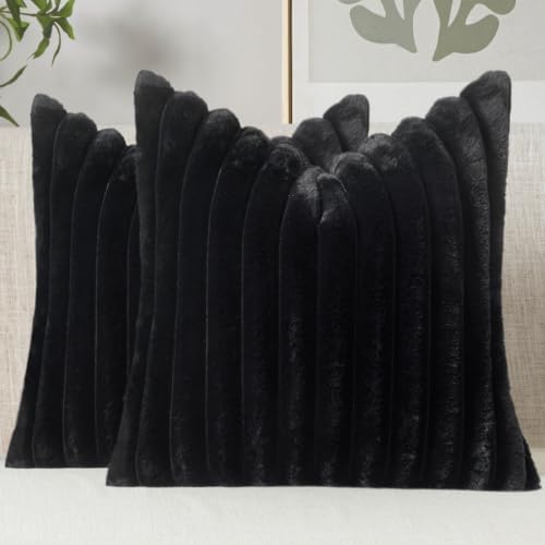 MIULEE Faux Fur Decorative Throw Pillow Covers 18x18 Set of 2 Black