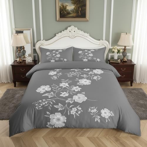 Homewish Kids Gray Floral Duvet Cover Set,Women Botanical Floral
