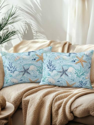 Waterproof Outdoor Throw Pillows with Inserts 12"x20" Set of 2,Coastal