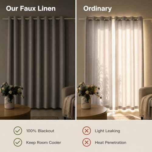 Full Blackout 96 Inch Long Grommet Curtains 2 Panel Set - Linen Look