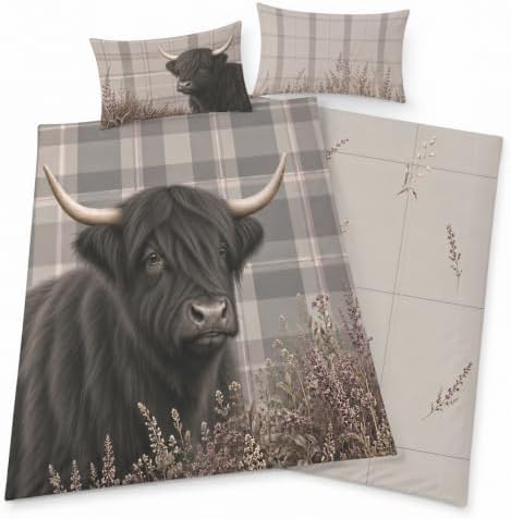Highland Cow Duvet Cover Set King 104x90, Black Plaid Bedding