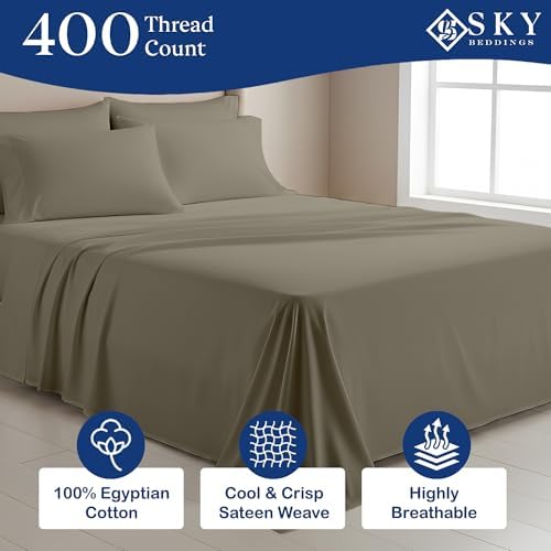 SKY BEDDINGS Full Sheets Set, 100% Egyptian Cotton Sateen, Taupe