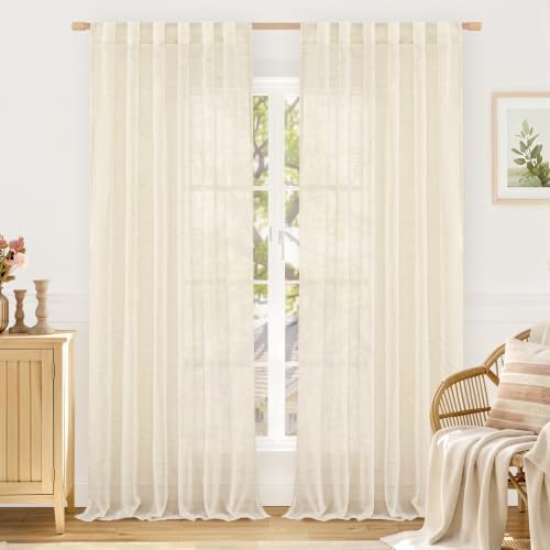 LAMIT Light Filtering Linen Curtains 84 inches Long for Bedroom, Linen