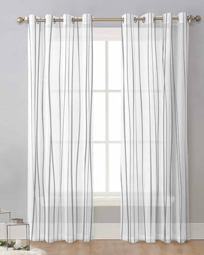 Gray Striped Sheer Curtains 63 Inch Length Grommet Semi Sheer Drapes