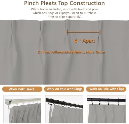 Grey Pinch Pleats 100% Blackout Window Curtains 84 Inches Long 2