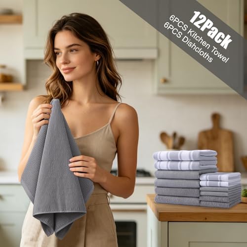 Natural Ring Spun Kitchen Towels and Dishcloths Sets - 12 Pack