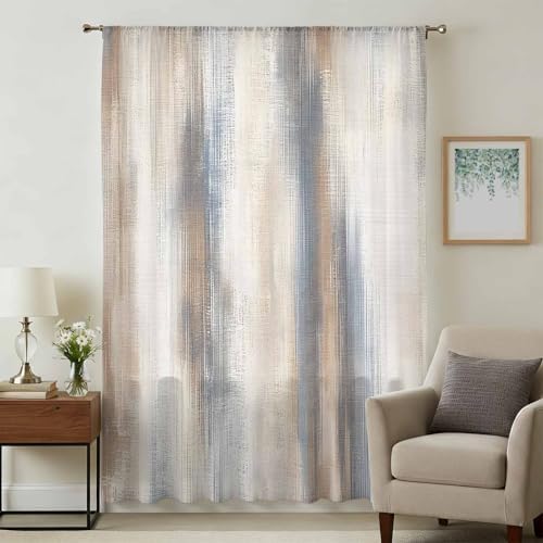 Beige Gray Sheer Curtains 63 Inch Length for Bedroom, Abstract Grunge