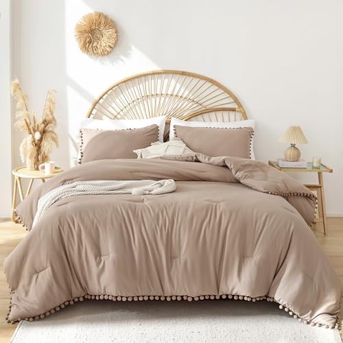 YIRDDEO King Size Comforter Set, Taupe Ball Pom Fringe Bedding Set