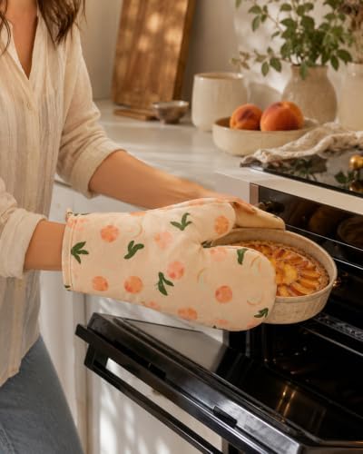 Peach Oven Mitts, Set of 2, Cream Beige, 10 in