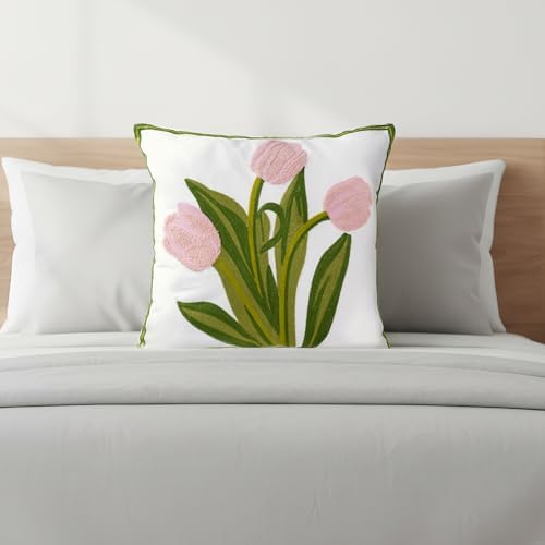 Embroidered Boho Floral Pillow Covers 18x18 Set of 2 Pink