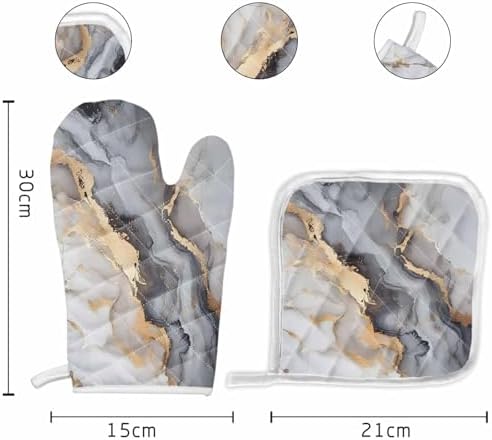 Quilted Cotton Terry Cloth Oven Mitt, Pot Holder Abstract Marble Grey