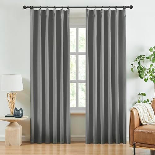 Jubilantex Faux Linen Blackout Curtains Dark Grey Pinch Pleat 84" L