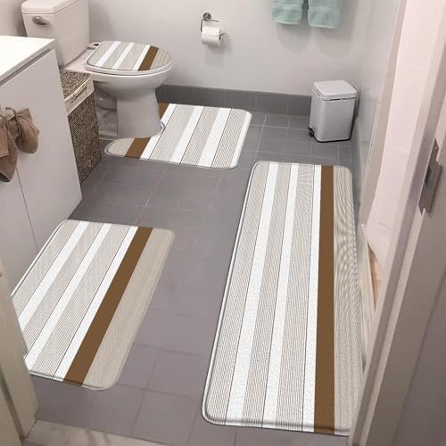 GCTNBJL 4 Pieces Bathroom Rug Sets,Striped Brown and White Modern Boho