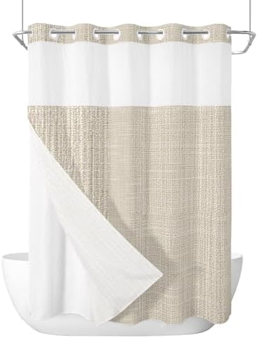 Neutral Tan Linen Weave No Hook Shower Curtain with Snap in Liner