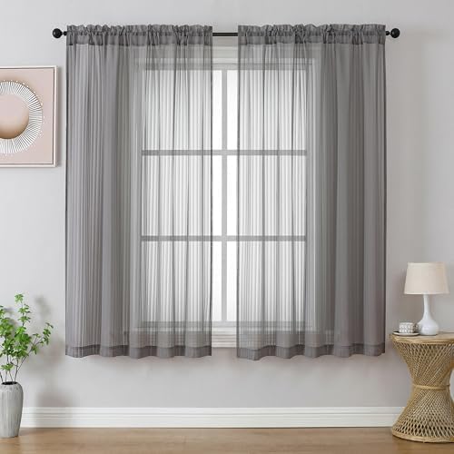 OWENIE Charcoal Gray Sheer Curtains - 63 Inch Length 2 Panels Set for