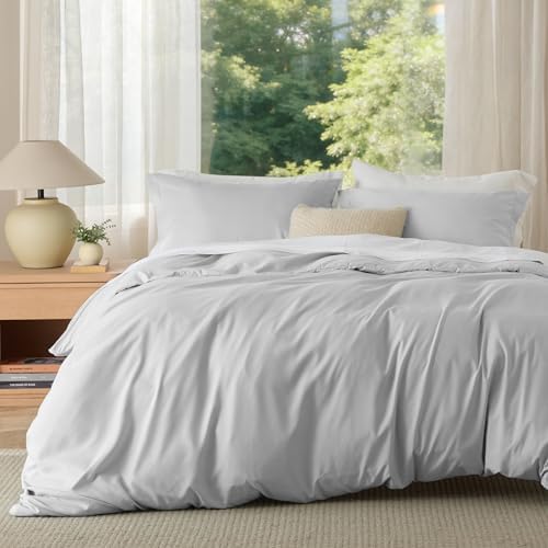 Bedsure Duvet Cover King Size, 3Pcs Double Brushed Bedding Set, Silver