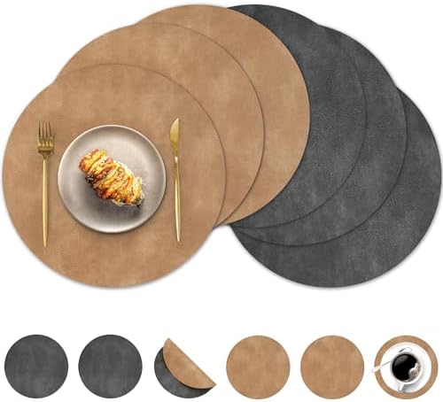 Round Placemats and Coasters Set of 6, Washable Reversible Faux