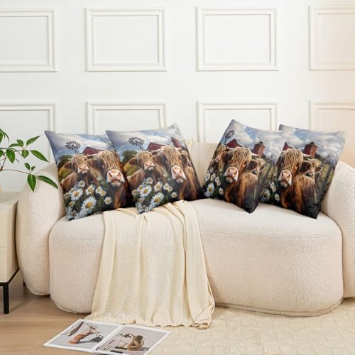 jejeloiu Highland Cow Throw Pillow Covers Set of 2 Daisy Botanical