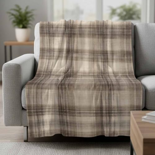 Taupe Oatmeal Plaid Throw Blanket for Couch, Traditional Striped Lines