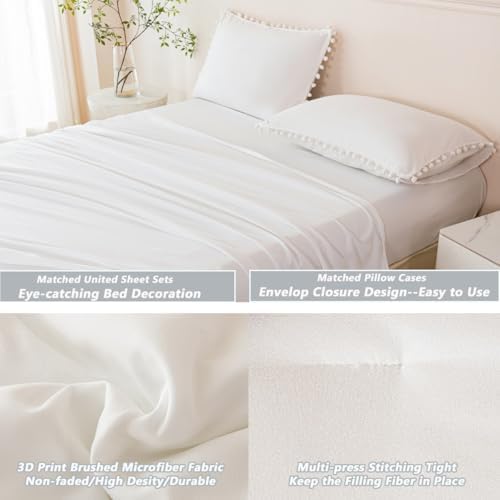 PERFEMET Ivory Bed in A Bag Queen 5 Pieces Pom Pom Boho Bed Set for