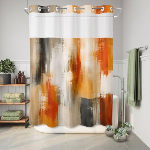 Extra Long No Hook Shower Curtain Bathroom Decor Orange Beige Gray